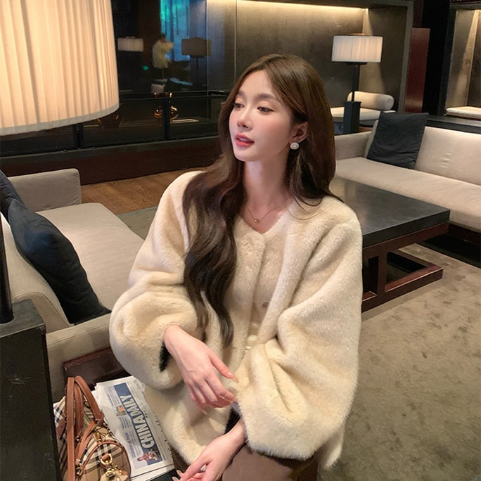 【中國直郵】 HSPM 新款中古風仿水貂短版環保貂皮大衣寬鬆毛毛皮草外套 奶白色 S