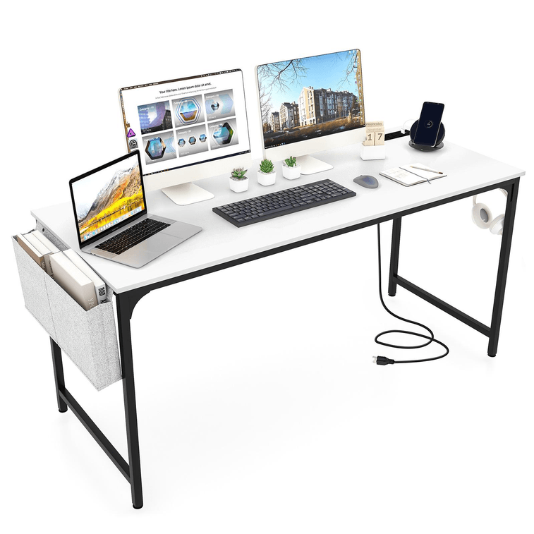 60 Inch Computer Desk With ChargIng Station Storage Bag-White 3