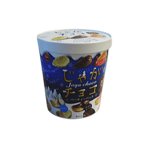 Three flavors of chocolate potato chips in a tub 6 small bags per tub