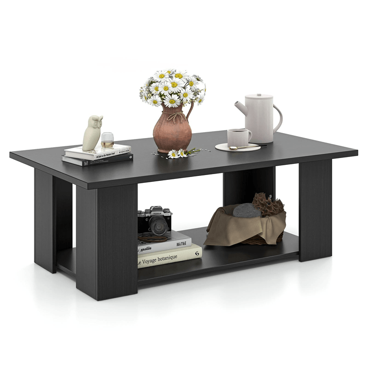 Large 36/41 Inch 2-tier Wooden Modern Coffee Table With Storage Shelf - Black 3