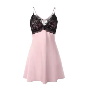 [Miss69] パジャマとナイトガウン | フレンチスタイルの純粋な欲望、優しくて薄い黒とピンクのレースのバックレスアイスシルクナイトガウン - フリーサイズ