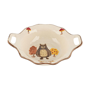 GLAZE STORY 熊趣森林 印纹双耳碗 陶瓷双耳碗 家用餐具 22.23cm