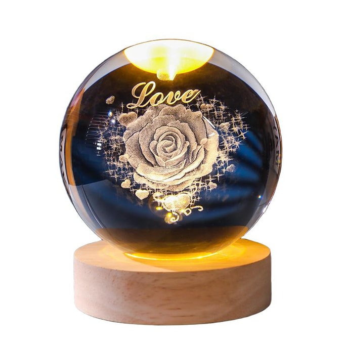 水月秦淮 內置暖光立體雕刻水晶球【新玫瑰】6cm球形造型小夜燈一個 情人節生日禮物伴手禮 usb插口無電壓之憂【配有禮盒送禮方便】