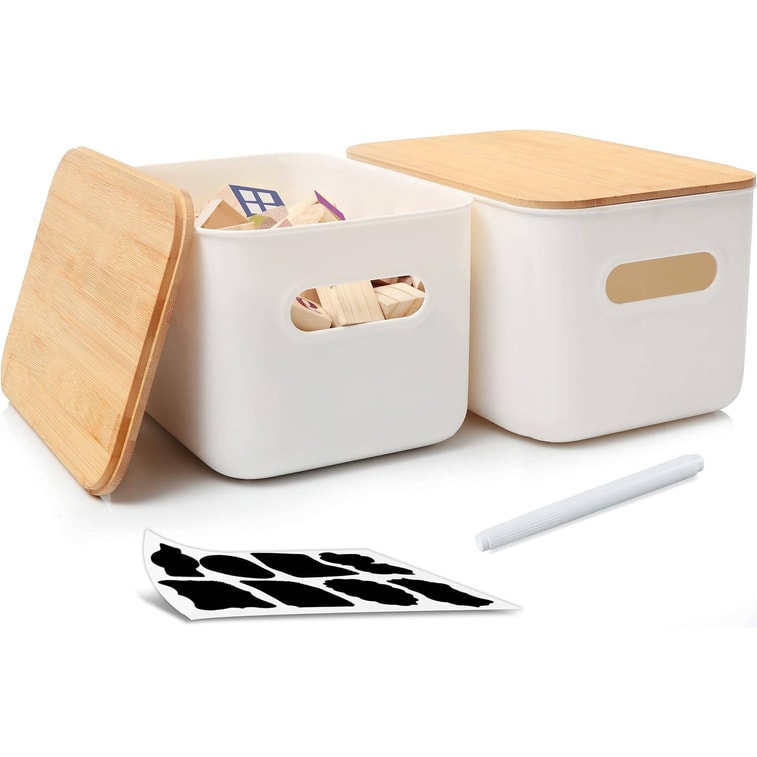 Citylife 2 Pcs Storage Bins With Bamboo Lids Plastic Stackable Storage Box With Handle 10.2 X 7 X 6.3 Inch 3