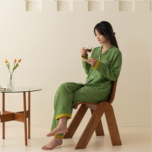 【中国直送】HSPM 100%コットン ダブルレイヤーヤーン カジュアル長袖パジャマ（グリーン/イエロー）L