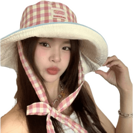 Summer Outdoor Outing Plaid Fisherman's Hat Foldable Double Side Wear Pink Head Circumference (54-58cm) 1pc