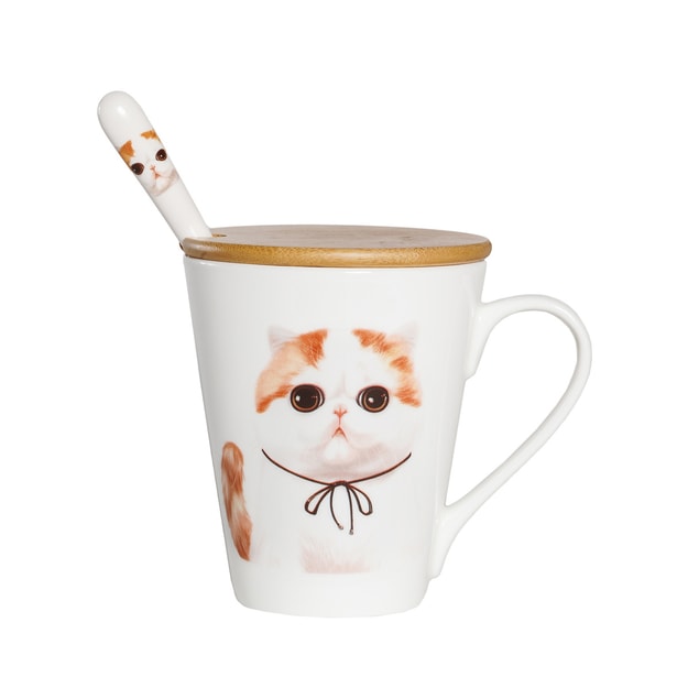 商品详情 - Petorama陶瓷宠物肖像印花水杯+竹杯盖+陶瓷把手不锈钢勺子套装-加菲猫 - image  0