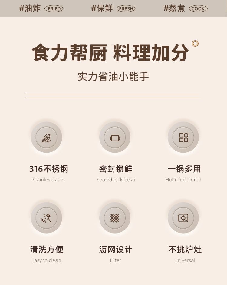 【中国直邮】 小米有品 不锈钢多功能锅保鲜盒可蒸可油家用锅户外便携露营锅长形炸锅 组合套装