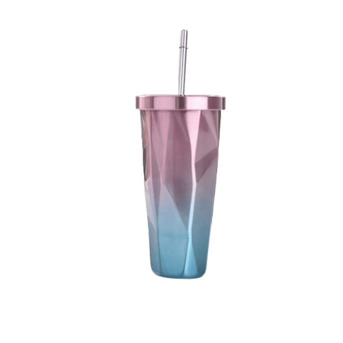 【中国直邮】 美丽馆 带吸管不锈钢双层渐变色杯子菱形保温杯 紫兰480ml