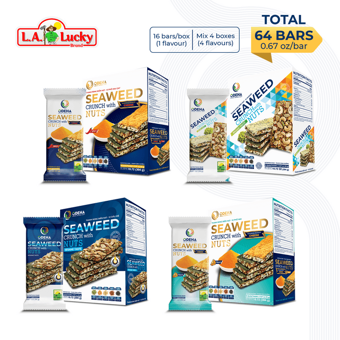 ベトナム L.A. ラッキー ODEHA ナッツ入り海藻クリスプ - 完璧な食感の組み合わせ - 4パック（4パックミックス）16本入り