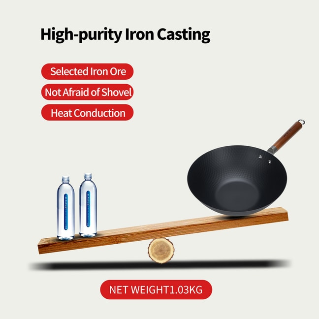 WANGYUANJI Lightweight Carbon Steel Wok for Women Uncoated Carbon Steel Pan Flat Bottom Skillet for All Stoves 30cm