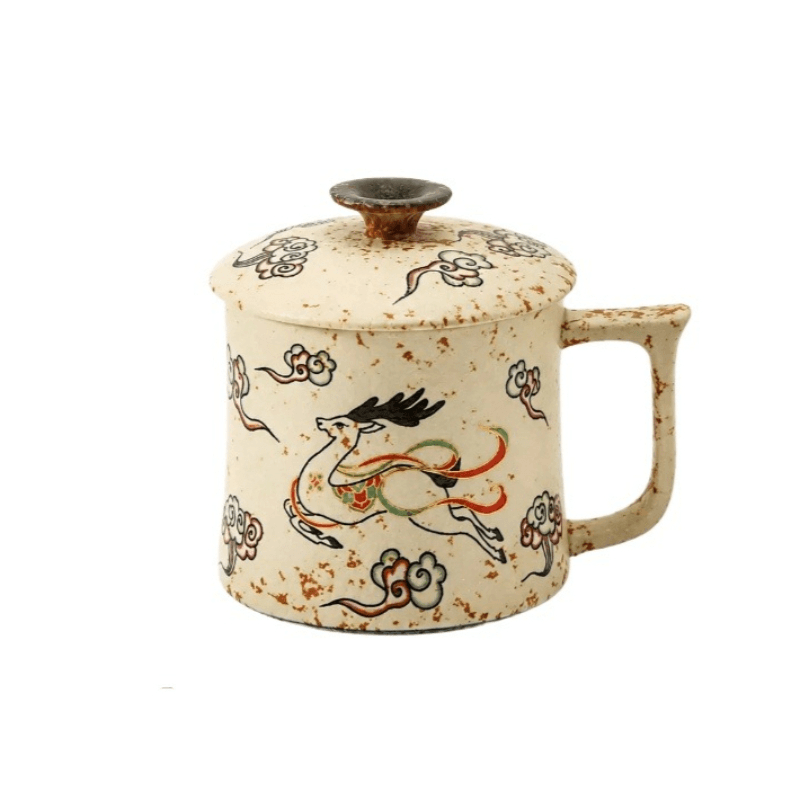 中国直邮】 一品仟堂九色鹿火石红复古办公杯典雅中式陶瓷茶杯10.5*11.6