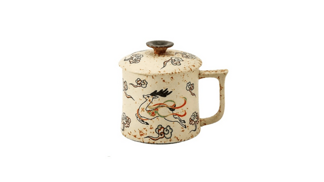 中国直邮】 一品仟堂九色鹿火石红复古办公杯典雅中式陶瓷茶杯10.5*11.6