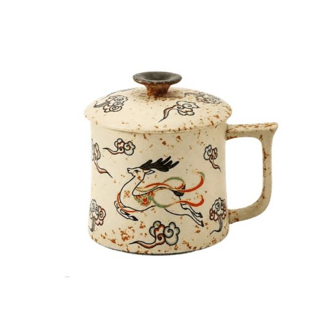 中国直邮】 一品仟堂九色鹿火石红复古办公杯典雅中式陶瓷茶杯10.5*11.6