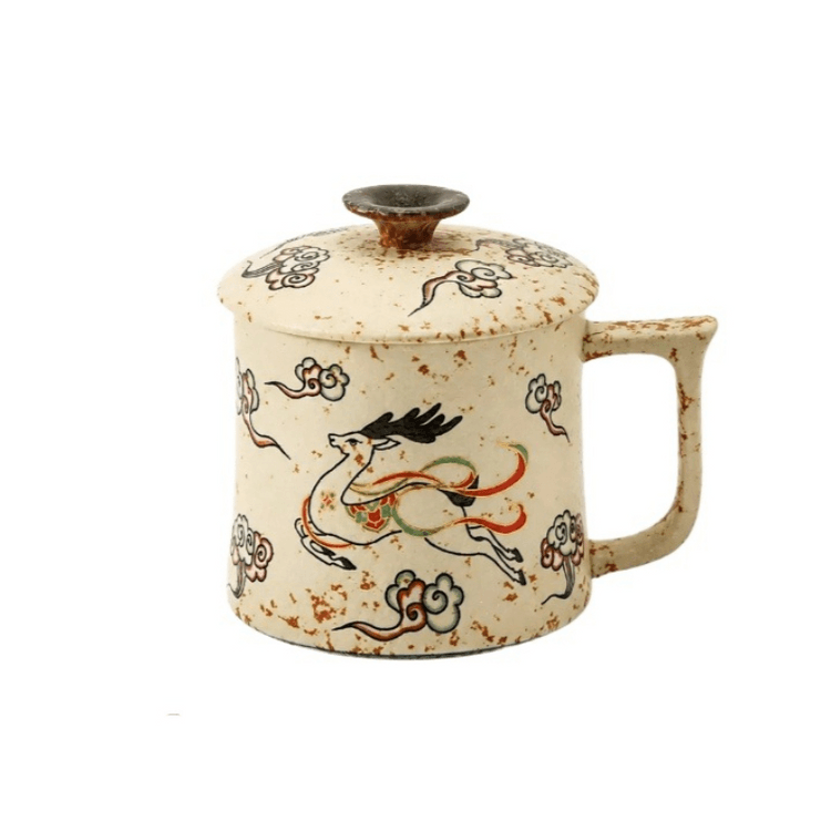 中国直邮】 一品仟堂九色鹿火石红复古办公杯典雅中式陶瓷茶杯10.5*11.6