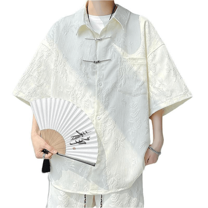 【中國直郵】 ASIS 新中式提花金屬盤扣口袋男士寬鬆襯衫-杏色 5XL