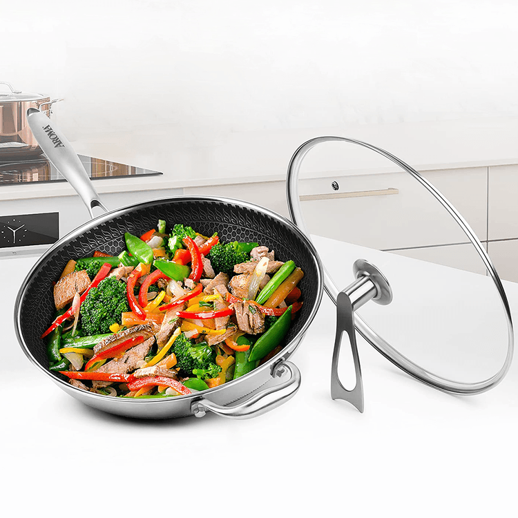  12 Inch Stainless Steel Wok Pan with Lid, Honeycomb