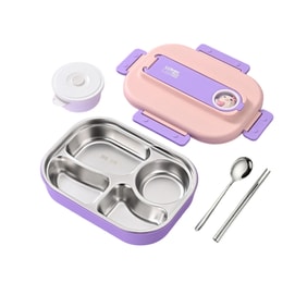 【中国直邮】 晶雅家 316不锈钢饭盒上班族学生便当盒大容量饭菜分离316不锈钢保温饭盒微波炉专用午餐盒 饭盒+勺筷+汤碗+保温袋 粉紫色 四件套