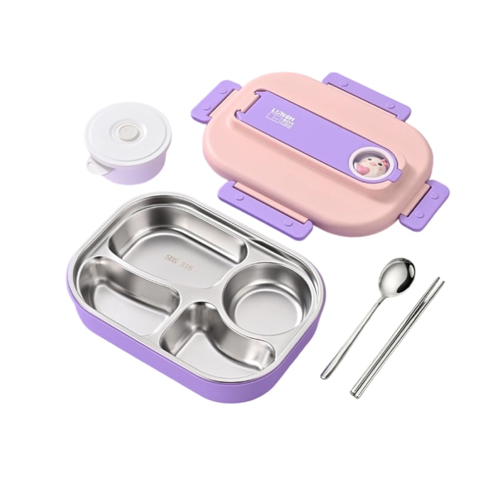 [중국 직배송] Jingya Home 316 스테인리스 스틸 도시락통, 대용량, 음식물 분리, 전자레인지 전용, 도시락통, 숟가락, 젓가락, 수프 그릇, 보온 가방 포함, 분홍빛 보라색, 4종 세트
