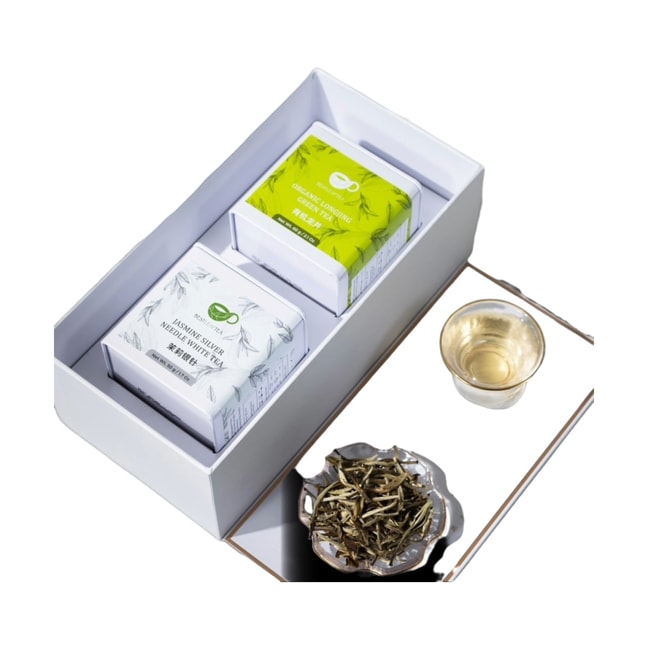 Serenity Tea Gift Box - Organic QingQian Longjing Green Tea & Jasmine Silver Needle White Tea