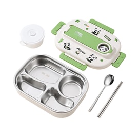 Office worker and student insulated lunch box 316 stainless steel lunch box microwave oven-safe compartments lunch box+spoons and chopsticks+soup bowl+insulated bag White/Green 4-piece set