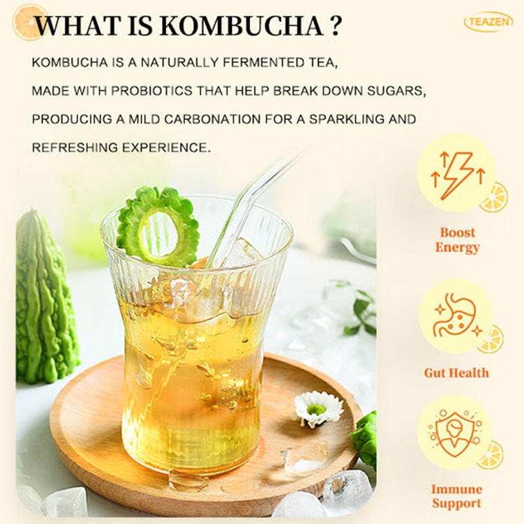 【ギフト】韓国産ティーゼンコンブチャ、無糖、低カロリー飲料、レモン風味、5g×10袋入り【乳酸菌とプレバイオティクスが豊富、1杯あたりわずか15カロリー】 5