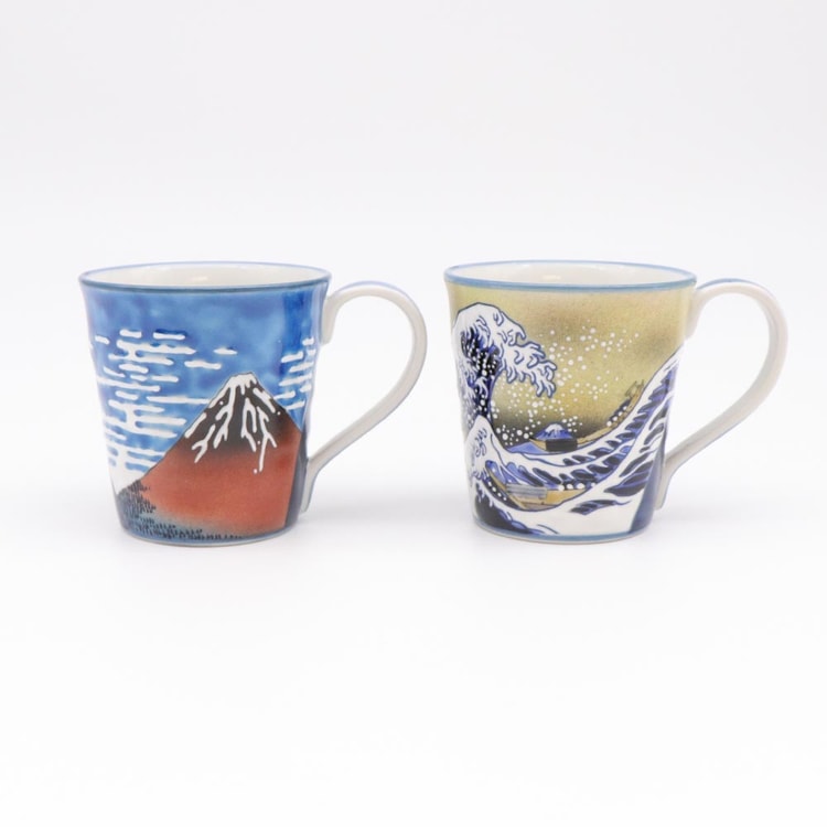 日本九谷焼瓷器马克杯 2 套(北斎的波浪和红富士山3.27英寸 x 3.35英寸)
