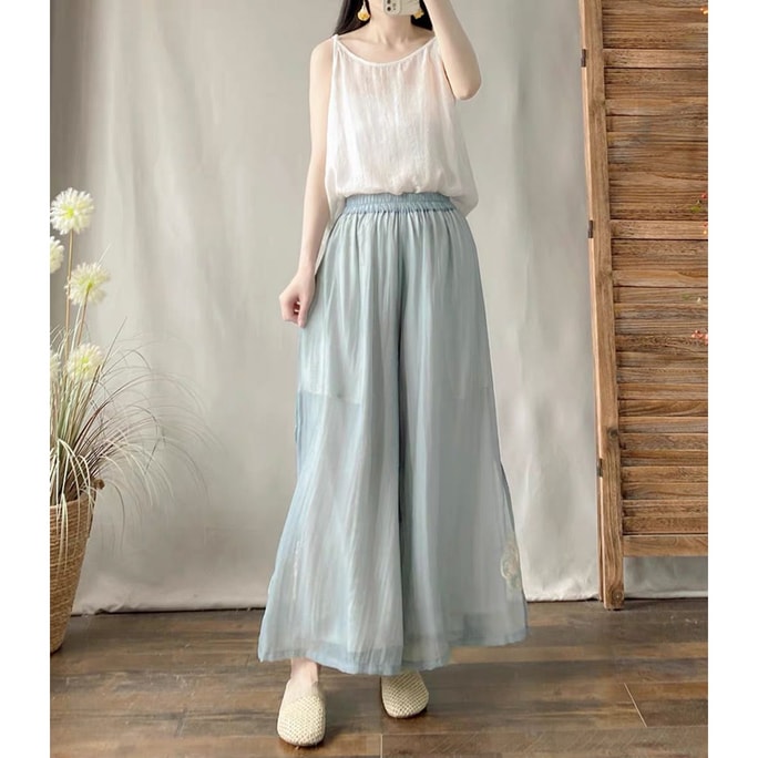 HSPM New Chinese Style Cotton And Linen Embroidered Elastic Wide Leg Pants Light Blue F