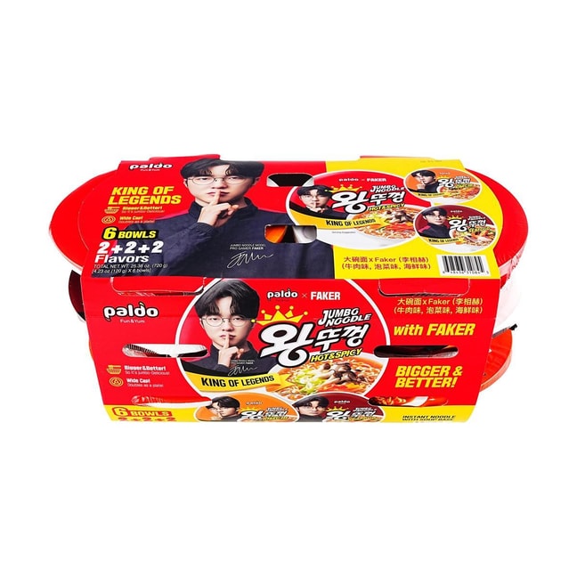 Faker × Wang Tukong Jumbo Noodle - Korean Instant Ramen With Soup Base, 3 flavors *2 , 4.23 oz*6 Packs 【King Of Legend】