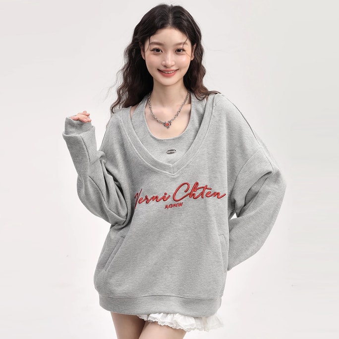 New V-Neck Halter Top Hoodie Gray S