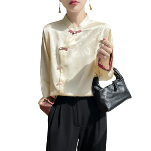 [中国からの直送] ASIS 新中国製 ​​サテンボタン ジャカード カラーブロック 唐装シャツ - シャンパン XL