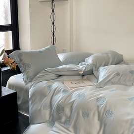 Camellia Satin Bedding Set Blue Camellia Queen Size