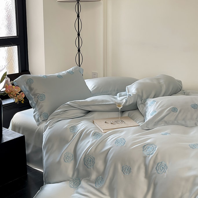 【中国直送】Lulabuy カメリアサテンテンセル寝具セット 4点 快適で通気性の良いベッドセット 高品質テンセル素材寝具(シーツ*1+掛け布団カバー*1+枕カバー*2) ダブルサイズ カメリアピンク