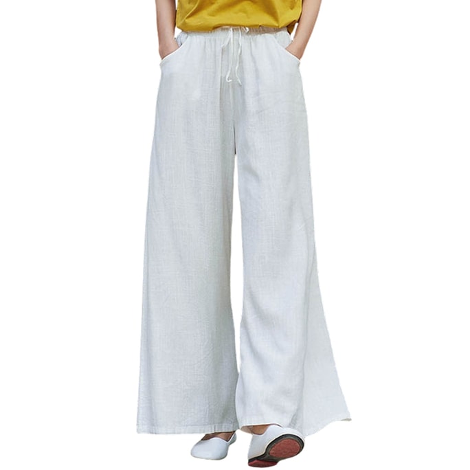 Chinese Style Retro Cotton Flax Wide Leg Pants For Women White Small