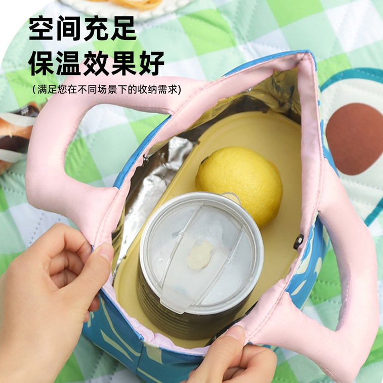【中國直郵】 HSPM 熱銷加厚手提飯盒袋保溫包學生上班族塗鴉手繪帶飯便當包 粉紅色包綠色手提一個 3