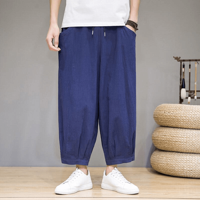 Chinese Style Summer Thin Loose Wide-leg Harem Pants Navy L