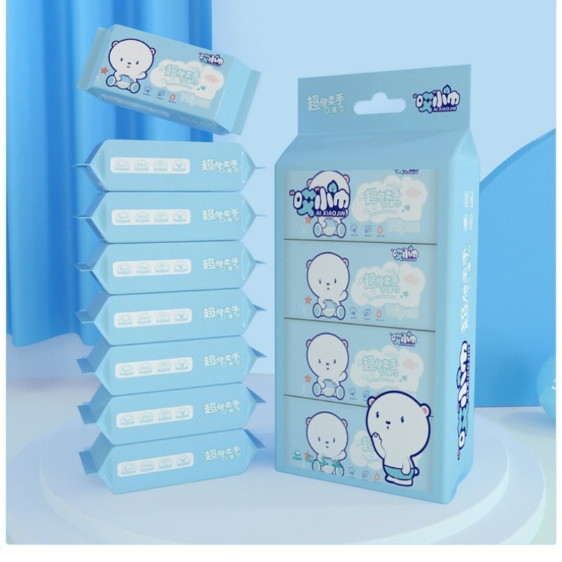 哎小巾 超迷你湿巾便携小包装抽取手口清洁湿纸巾 8片x8包装 蓝色小熊装 纯水配方保湿滋润 婴儿可用 无荧光剂 单独包装 随身携带方便