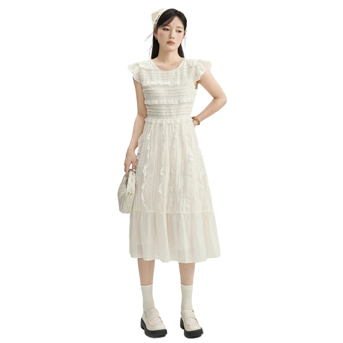 【中國直郵】 HSPM 新款甜美女孩小飛袖收腰洋裝 杏色 M