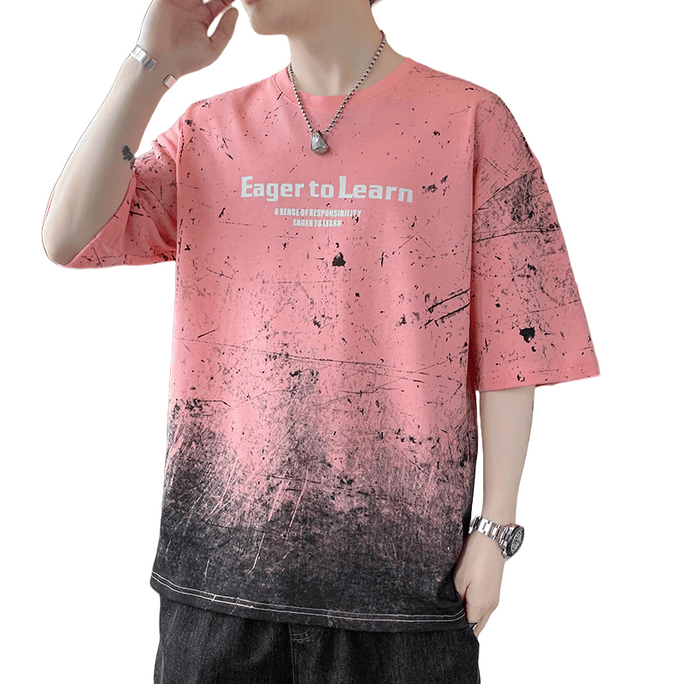 Summer Print Round Neck Short Sleeve T Shirt for Men 79-Pink M