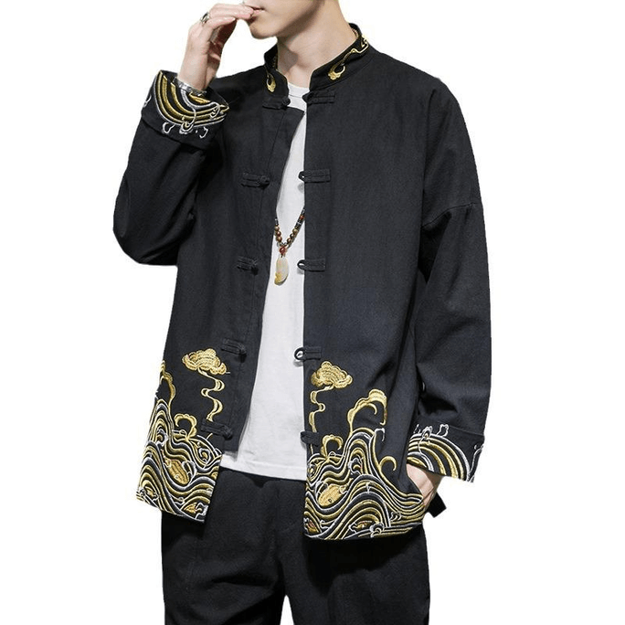 Chinese Style Vintage Embroidery Retro Button Tang Costume Hanfu Casual Jacket Black Medium