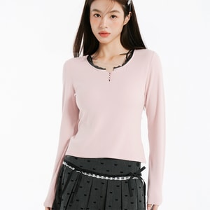 【中国直邮】 HSPM 蝴蝶结蕾丝花边领长袖针织衫 修身内搭打底保暖上衣 啵啵粉2XL码