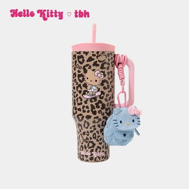 Sanrio Hello Kitty Giant Insulated Straw Cup, Stainless Steel Cooler Cup, Denim Leopard Print (Includes Mini Storage Pouch and Keychain) - Single Pack 4