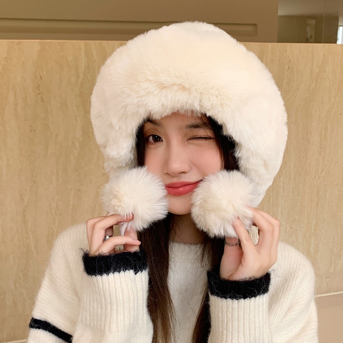 New Warm Hoodie Ear Protector Hair Ball Thick Velvet Knitted Wool Hat White F