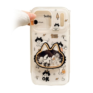 White background full screen cute and funny graffiti cat illustration suitable for Apple phone case, white background graffiti little black cat+rocking music standiPhone16promax