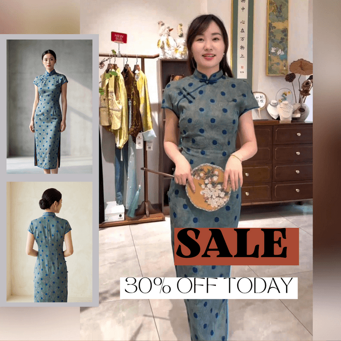 Grey-Blue Polka Dot Xiangyunsha Qipao 100% Mulberry Silk Flower-Lo Jacquard Cheongsam 2XL Size