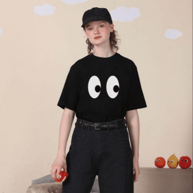 prod大眼睛宽松短袖t恤纯棉上衣黑色- xs 号