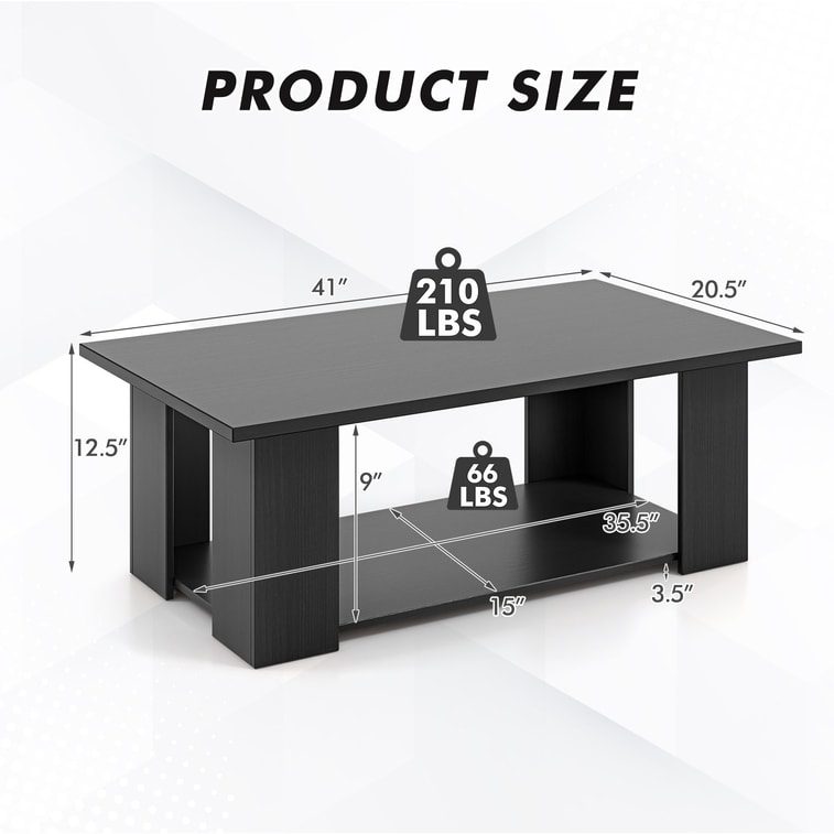 Large 36/41 Inch 2-tier Wooden Modern Coffee Table With Storage Shelf - Black 4