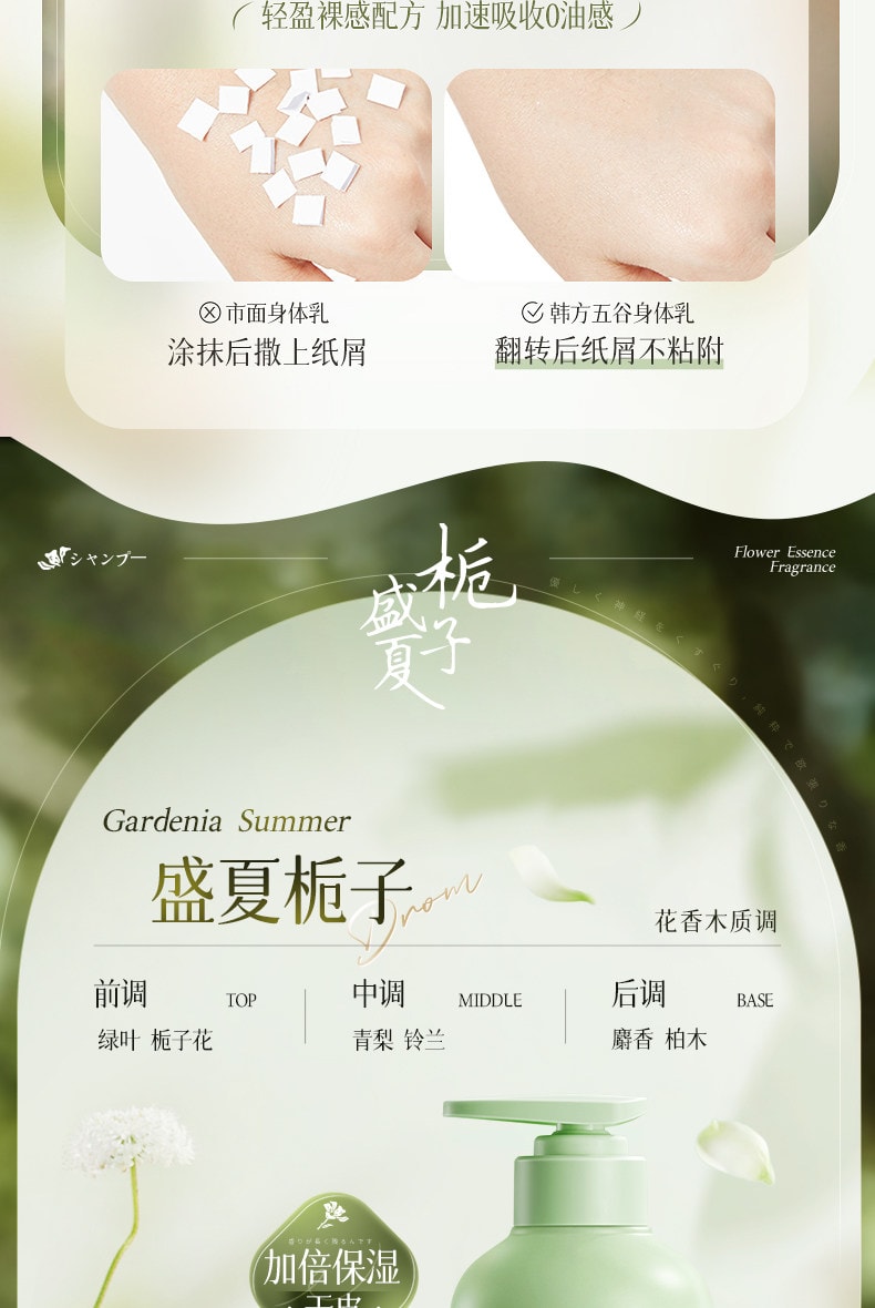 韩方五谷 保湿美滋润白皮肤干燥补水持久留香花萃香氛身体乳500ml【花香木质调 周周提亮 层层焕白】