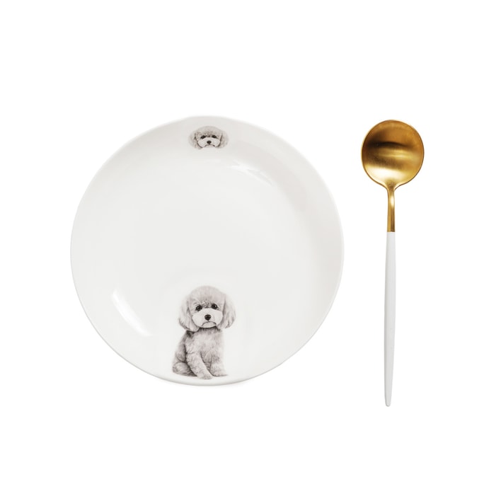 Petorama陶瓷宠物肖像两边印花8”圆形餐盘+陶瓷把手金色不锈钢餐勺套装-灰色贵宾犬