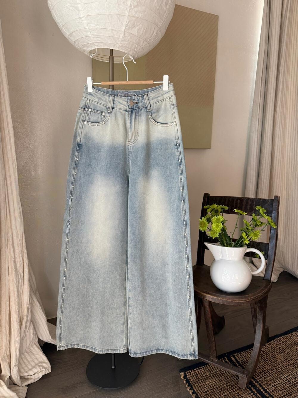 【加拿大直邮】 加拿大 SCENARIO 珍珠线条宽腿牛仔裤 浅蓝色 S-M码 浅蓝色 S